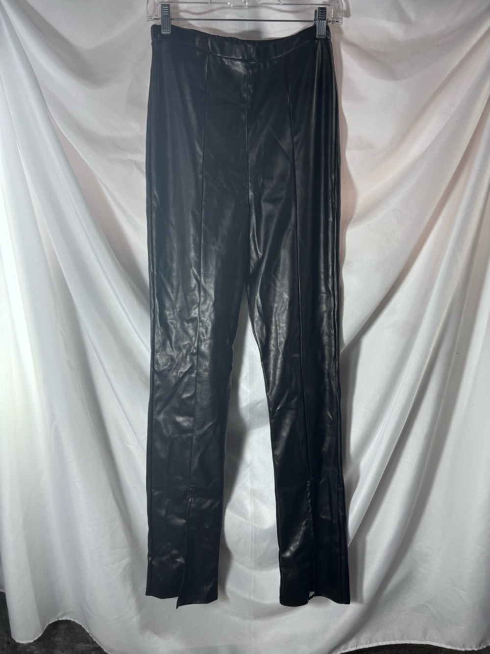 PrettyLittleThing Black Faux Leather Straight Leg Trousers with Ankle‎ Slits
